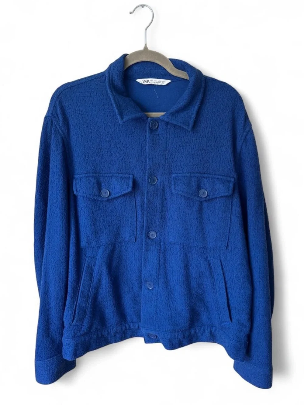 Zara Blue Textured Overshirt Shacket Utility Jacket Large